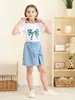 Conjunto Casual de Verano de 2 Piezas: Shorts de Mezclilla con Estampado Lindo y Camiseta de Manga Corta, Set con Lazo