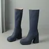 Botas de tacón alto de punta cuadrada para mujer de otoño e invierno con suelas de goma, Botas Martin para mujer, talla grande, cremallera lateral, plataforma impermeable, tacón cuadrado