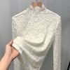 Camisa de encaje con cuello medio alto para mujer, otoño e invierno 2024, elegante, ajustada, de manga larga, de malla de alta calidad.