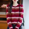 Suéter Feminino Gola Redonda 100% Lã Cardigã Tricotado Outono e Inverno Novo Slim Fit Suéter Jaqueta com Listras Contrastantes