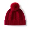 Gorro de cachemira de punto trenzado de color liso, unisex, cálido y grueso, con pompón y diseño que cubre las orejas
