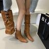 Mooreyu retrô duas vias couro genuíno botas de cowboy ocidental plissadas longas botas de cavaleiro feminino bico fino salto grosso botas