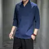 Camiseta de Manga Corta de Algodón y Lino para Hombre Estilo Chino 2025 Casual Retro Japonés Talla Grande Camiseta de Lino Color Sólido Hombre
