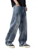 Moda Masculina Fengshe / Lançamento Primavera 2026 Jeans Reto Masculino com Design Desgastado e Tie-Dye Estilo Retrô Americano