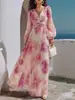 LN2004 Estilo Férias na Costa Europeia Vestido Longo de Chiffon Estampado Decote V Cintura Torcida Mangas Longas Bufantes