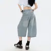 Calça Jeans Cropped Wide-Leg Branca Lavada com Design de Bordado de Letras na Cintura Duas Cores Estilo Retrô Americano
