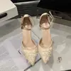 Nuevos Zapatos de Mujer Blancos Boca Baja Bordado Malla Tacones Altos Tacones Altos Delgados Mules Punta Abierta Punta Fina Zapatos de Boda Elegantes