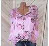 2023 Novo Outono Ebay Popular Camisa Estampada de Manga Comprida Amazon Decote V Top com Botões Camisa de Chiffon