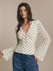Top de Malla Retro con Lunares Transfronterizo de Manga Larga para Mujer, Cuello en V Profundo, Cierre de Lazo al Frente, Mangas Acampanadas, Top de Gasa Ajustado