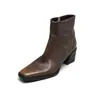 Botas de piel de vaca de primera capa color cepillado para mujer, tacón alto grueso, botines de otoño nuevos, puntera cuadrada, cremallera lateral, botines de moda, botines cortos ajustados para mujer