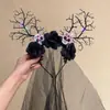 Diadema Corona Negra con Velo Gótico de Halloween para Mujer, Diadema Elegante de Rosa de Alta Gama, Vestido de Fiesta Festivo