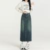 Saia Jeans Midi 2025, Azul Nostálgico Tendência Feminina Cobre o Quadril Cintura Alta Emagrecimento Fenda Atrás Saia Linha A