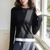 402 Camiseta Base Redonda Color Block Falsa de Duas Peças em Acetato de Liocel para Mulheres, Top Camiseta de Manga Longa em Lã Merino para Outono e Inverno