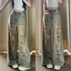 Jeans sexy rasgado de design retrô americano para mulheres, calças largas de perna reta de cintura alta para o verão, compridas até o chão