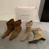 Botas de Tornozelo Retro Camurça Salto Anabela Bico Quadrado para Mulheres 2026 Primavera e Outono Novas Botas Western Cowboy Dobráveis de Cano Médio