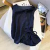 Camisa Azul Marino Falsa de Dos Piezas de Manga Larga para Mujer Primavera y Otoño 2025 Nuevo Estilo de Otoño Camisa de Cintura Asimétrica Top de Hombro Derecho