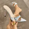 Tacones Altos para Mujer para Primavera y Verano, Punta Fina, Tacón Delgado, Correa Única, Acabado Espejo, Estampado de Dinero, Mules, de Moda, Versátiles, Elegantes Sandalias de Tacón Alto