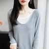 Ropa de punto para mujer de lana fina con cuello en V, manga larga, suéter holgado, combinación de colores, estilo dos piezas falsas, Novedad Otoño Temprano 2025
