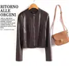 Chaqueta de Cuero Corta Estilo Coreano Completamente Curtida al Vegetal para Mujeres Petites, Chaqueta de Cuero de Primavera con Cuello Alto, Chaqueta Biker Casual
