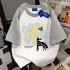 Camiseta de Verano de Algodón Puro Pesado Dulce y Fresca con Parches de Dibujos Animados Estilo Harajuku Holgada de Manga Corta con Estrellas para Hombres y Mujeres Tops de Pareja