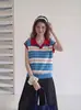 Camiseta de punto estilo coreano, fresca y sencilla, con bloques de color a rayas, cuello tipo polo, bordado elegante y mangas acampanadas juveniles 8140
