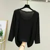 Camiseta de manga tres cuartos para mujer, corte holgado, talla grande, fina, color liso, versátil, top de cuello redondo, modal, principios de otoño