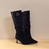 Botas de salto alto femininas pernas grossas botas de cavaleiro outono e inverno tamanho plus size botas longas circunferência da panturrilha grande bico fino botas amassadas tamanho grande botas femininas