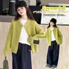 Colección nueva otoño/invierno 2026 para niñas, estilo coreano, simple y casual: Chamarra suéter versátil de cuello redondo, tejido gofre, manga larga raglán