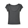 Camiseta de manga corta estilo americano para mujer, estilo sexy, con hombros descubiertos, cuello redondo grande, corte entallado, color liso, base elástica sencilla, verano 2024