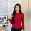 Camiseta de Manga Larga Ajustada para Mujer, Color Sólido, Cuello Redondo, Hombro Recto, Cintura Ceñida, Adelgazante, Sensación de Alta Energía, Otoño e Invierno