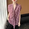 2026 Primavera e Verão Novo Estilo Georgette Decote V Manga Curta Fita Estampa de Bolinhas Dupla Face Caimento Solto Camisa Base Top