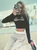 Estilo Americano Top Cruzado Estilo Motociclista Transfronteiriço Garota Popular Manga Longa Camiseta Feminina Design Color Block Cintura Cropped Ajuste na Cintura Estampa de Letras