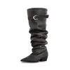 Botas altas de punta fina plisadas apiladas de diseño único, nuevo modelo primavera/otoño 2026, botas largas de caña ancha con hebilla de cinturón, botas de montar de tubo alto