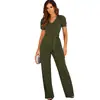 Mono Elegante de Verano 2026 Estilo Nuevo con Cinturón a la Cintura Amazon para Mujer Color Sólido Cuello en V Manga Corta Pantalones de Pierna Ancha