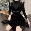 Talla Grande Vestido de Tirantes de Terciopelo Perla Conjunto de Dos Piezas Principios de Primavera Estilo Dama mm Gorda Cintura Alta Ajustado Vestidito Negro Traje