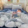 Set de 4 Piezas Hilo de Algodón Peinado Crayon Shin-chan Sábana y Funda de Edredón de Algodón Puro Lavado Set de 3 Piezas para Dormitorio Infantil Falda de Cama