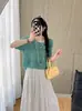 Blusa de Punto con Botones Dividida en la Espalda de Manga Corta con Sentido del Diseño Ropa de Verano Suéter Delgado de Seda Brillante de Manga Larga Camisa Hueca para Mujer