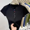 Top Feminino Malha Botão Colorido Seda Fresco Verão Manga Curta Estilo Novo 2026 Slim Fit Jovem