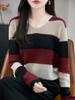 Moda Coreana Transfronteriza Color de Contraste Cuello en V Tejido de Lana Peinada para Mujer Principios de Otoño Holgado de Manga Larga Casual Reductor de Edad