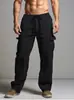 Pantalones de Algodón y Lino Nuevos Europeos y Americanos con Cordón Cintura Elástica Rectos Color Sólido Transpirables Casuales Deportivos Holgados Cargo