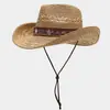 Chapéu de Palha Cowboy Western Retrô para Homens e Mulheres, Fita Tecida Estilo Étnico, Acampamento ao Ar Livre, Praia, Chapéu de Sol de Aba Larga