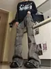 Jeans Masculino de Cintura Alta Estilo Americano Vintage Antigo com Efeito Sujo Lavado Plissado Perna Larga Tendência Europeia e Americana