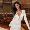 Vestido Longo de Renda com Cadarço e Decote V Europeu e Americano Novo 2025 Sexy com Recortes e Fenda Vestido de Praia para Mulheres
