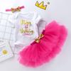 Atacado transfronteiriço ins roupas infantis novo desenho animado aniversário manga curta vestido princesa cor acessório de cabeça conjunto de três peças