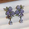 Brincos de Flor Geométrica com Zircônia Colorida em Estilo Pintura a Óleo, Brincos Modernos e Versáteis com um Toque de Luxo Leve e de Alta Qualidade, Acessórios de Orelha Exagerados