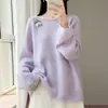 Suéter feminino macio estilo coreano 100% lã, com bordas dobradas, gola redonda, corte solto, versátil, casual, suéter base macio e aconchegante