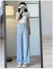 Pantalones de pierna ancha de seda helada para mujer, nuevo estilo verano 2026, pantalones de traje ajustados estrechos para petite, de cintura alta, fluidos, pantalones casuales de pierna recta