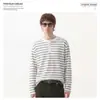 Camiseta de Manga Larga con Cuello Henley a Rayas de Lyocell Estilo Retro Americano Unisex Casual Ropa de Trabajo Marca de Moda Camiseta Básica