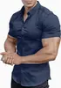 Camisa Masculina de Verão 2025 Cor Sólida Manga Curta Slim Fit Respirável Moda Masculina Muscular Roupa Masculina Casual
