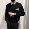 Sudadera tipo polo con retazos a rayas de dos piezas falsas transfronteriza Marca de tendencia Atuendo estilo coreano de otoño para hombre Top casual para hombre